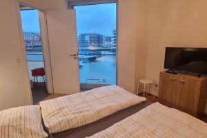 Direct view of the New Harbor, the marina and the Kaiser Harbor Hotel, Bremerhaven